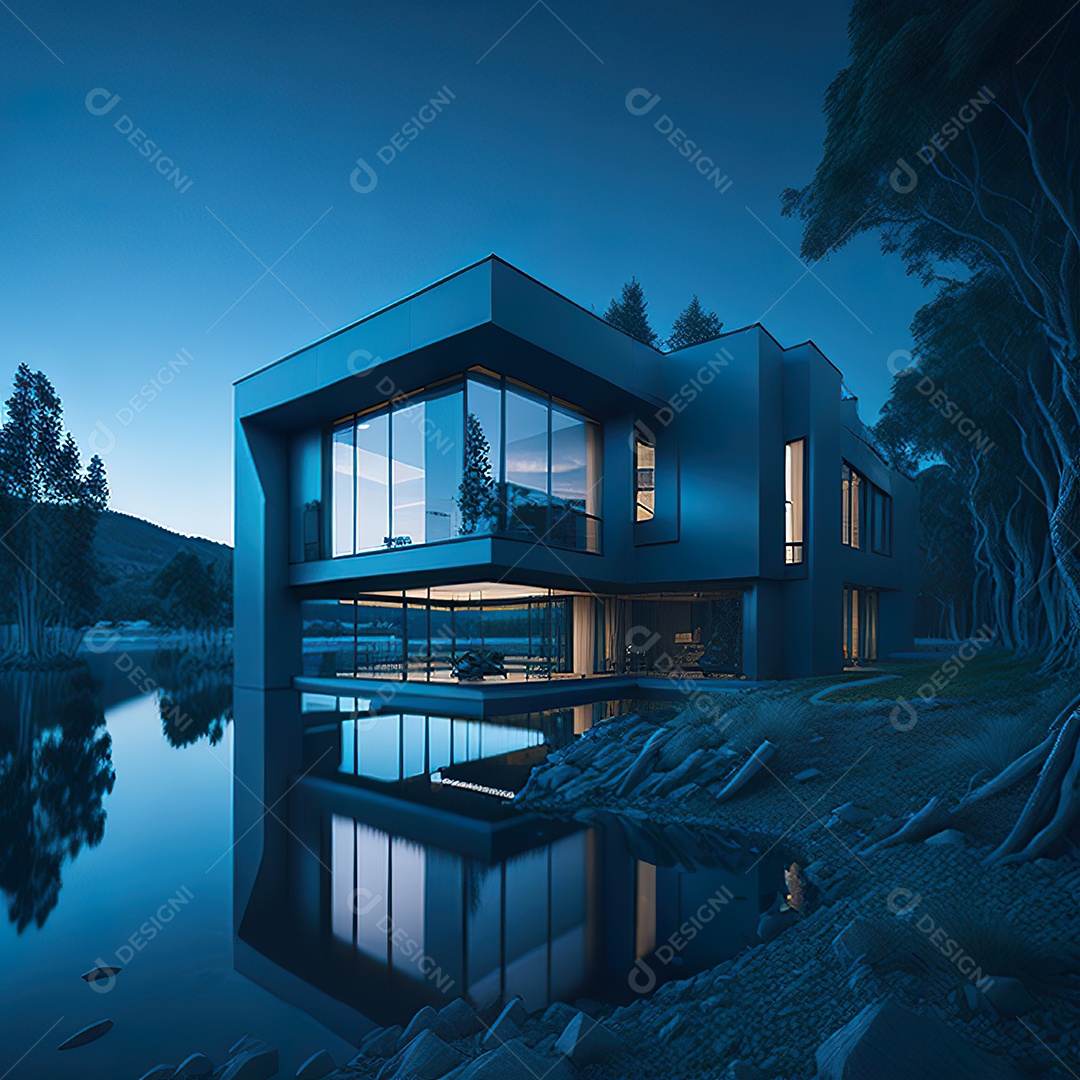 Casa azul com design moderno e minimalista