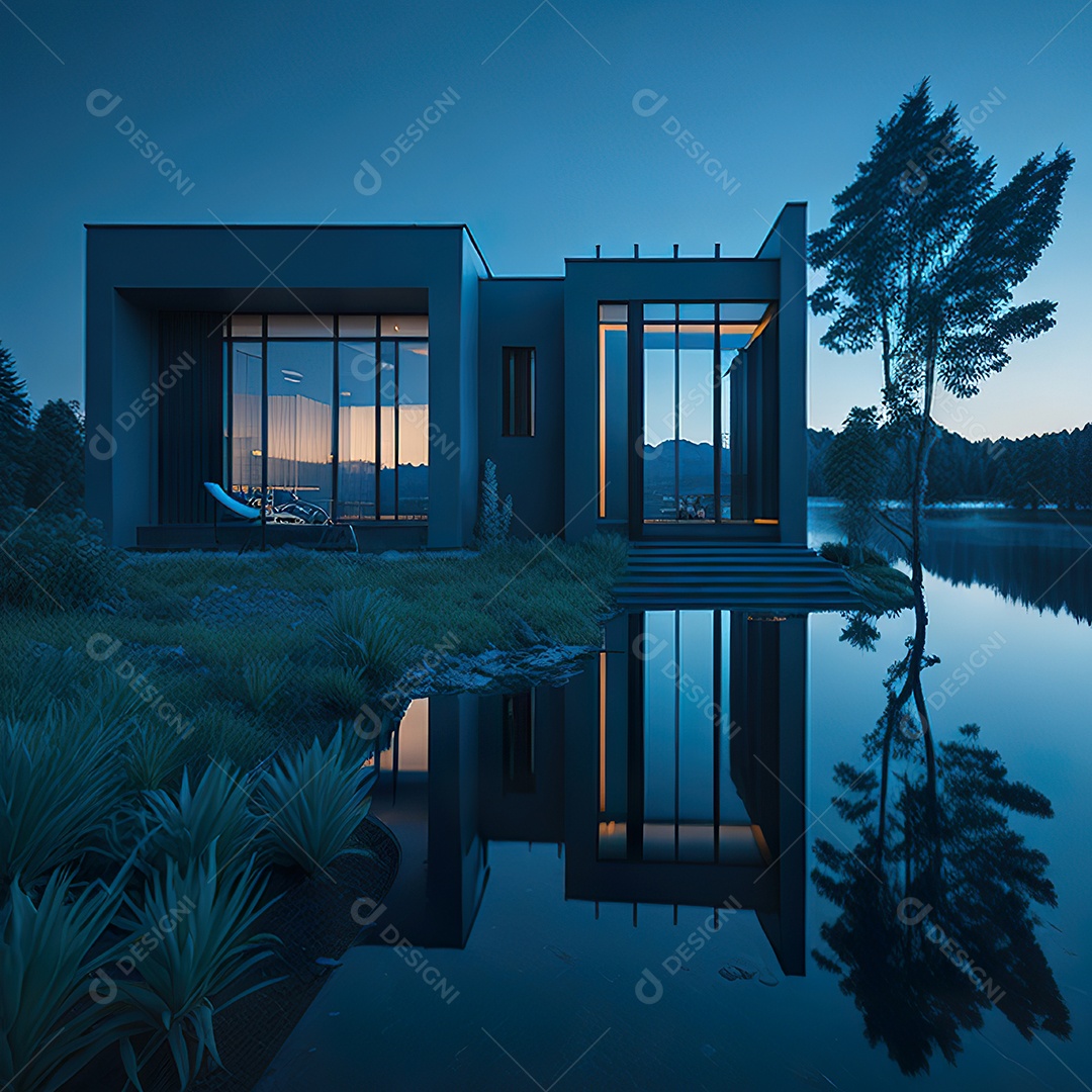 Casa azul com design moderno e minimalista