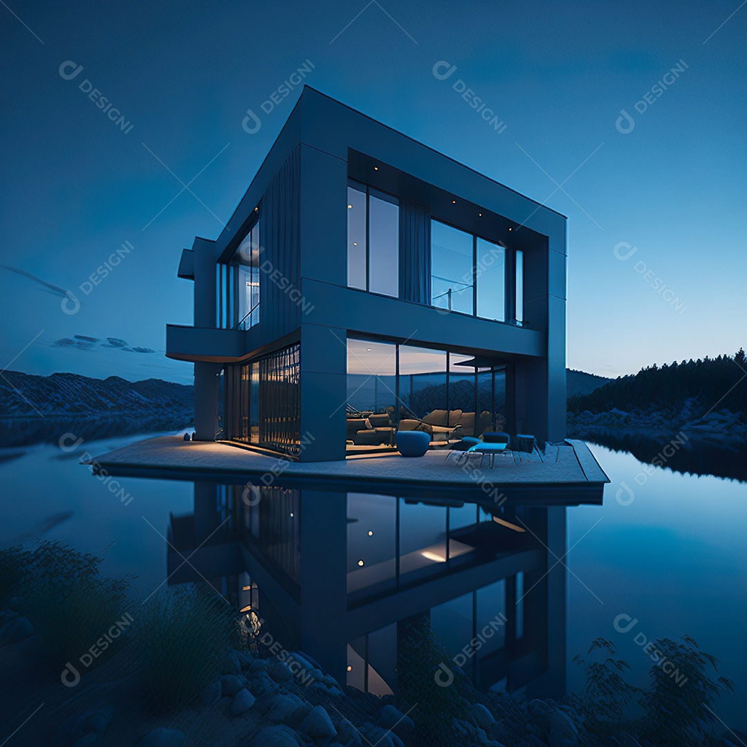 Casa azul com design moderno e minimalista