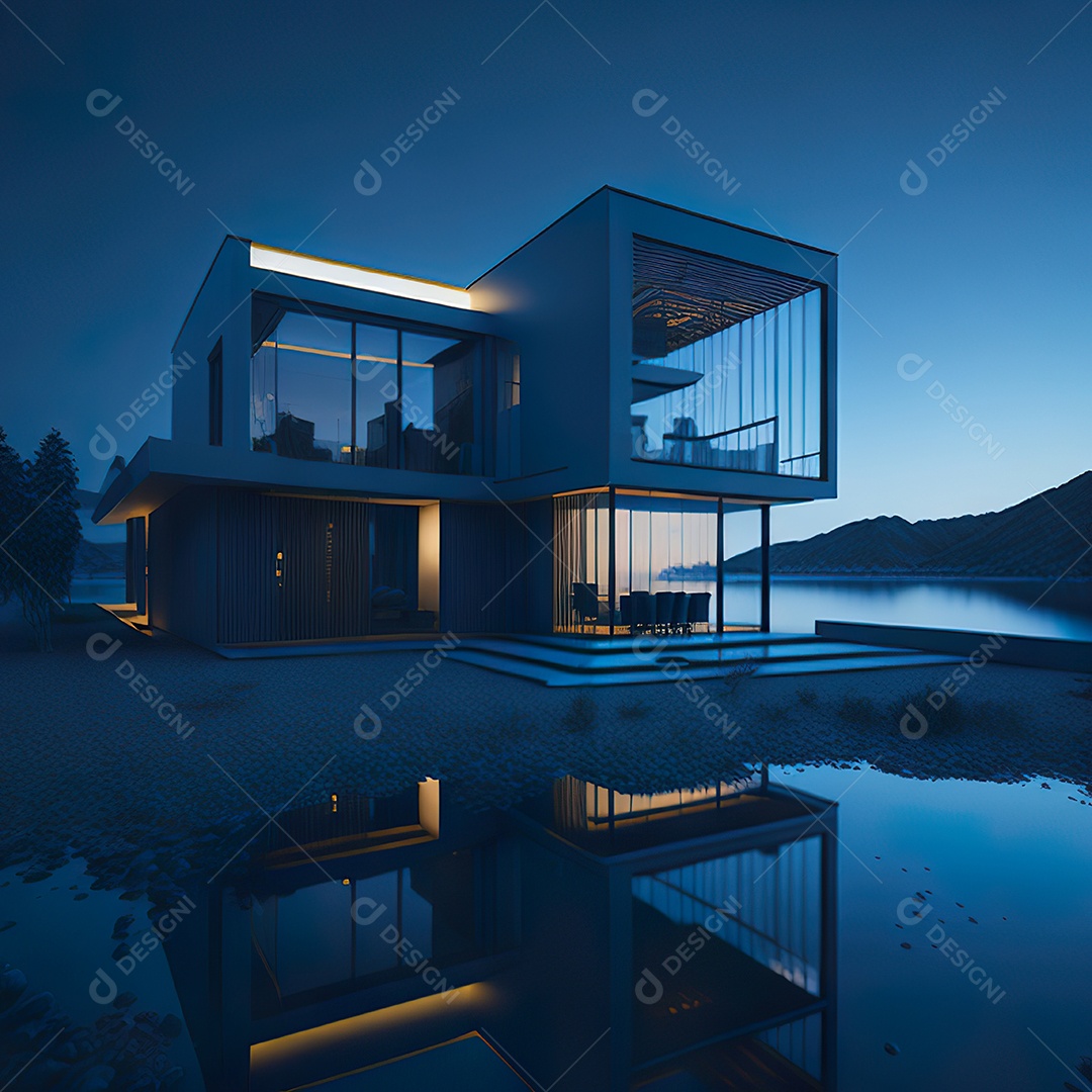 Casa azul com design moderno e minimalist