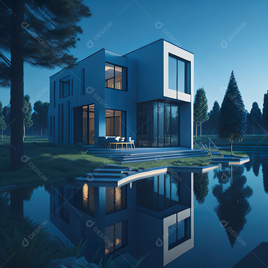 Casa azul com design moderno e minimalista