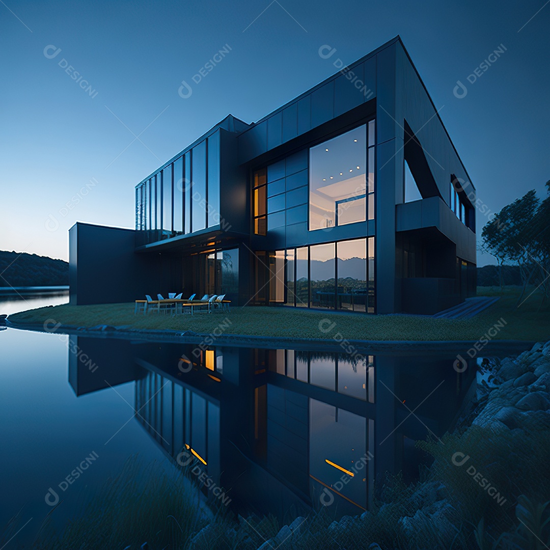 Casa azul com design moderno e minimalista