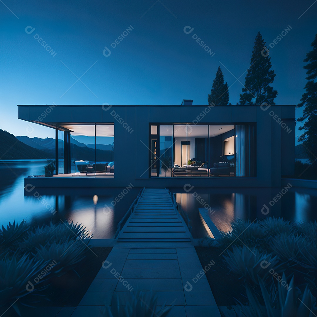 Casa azul com design moderno e minimalista