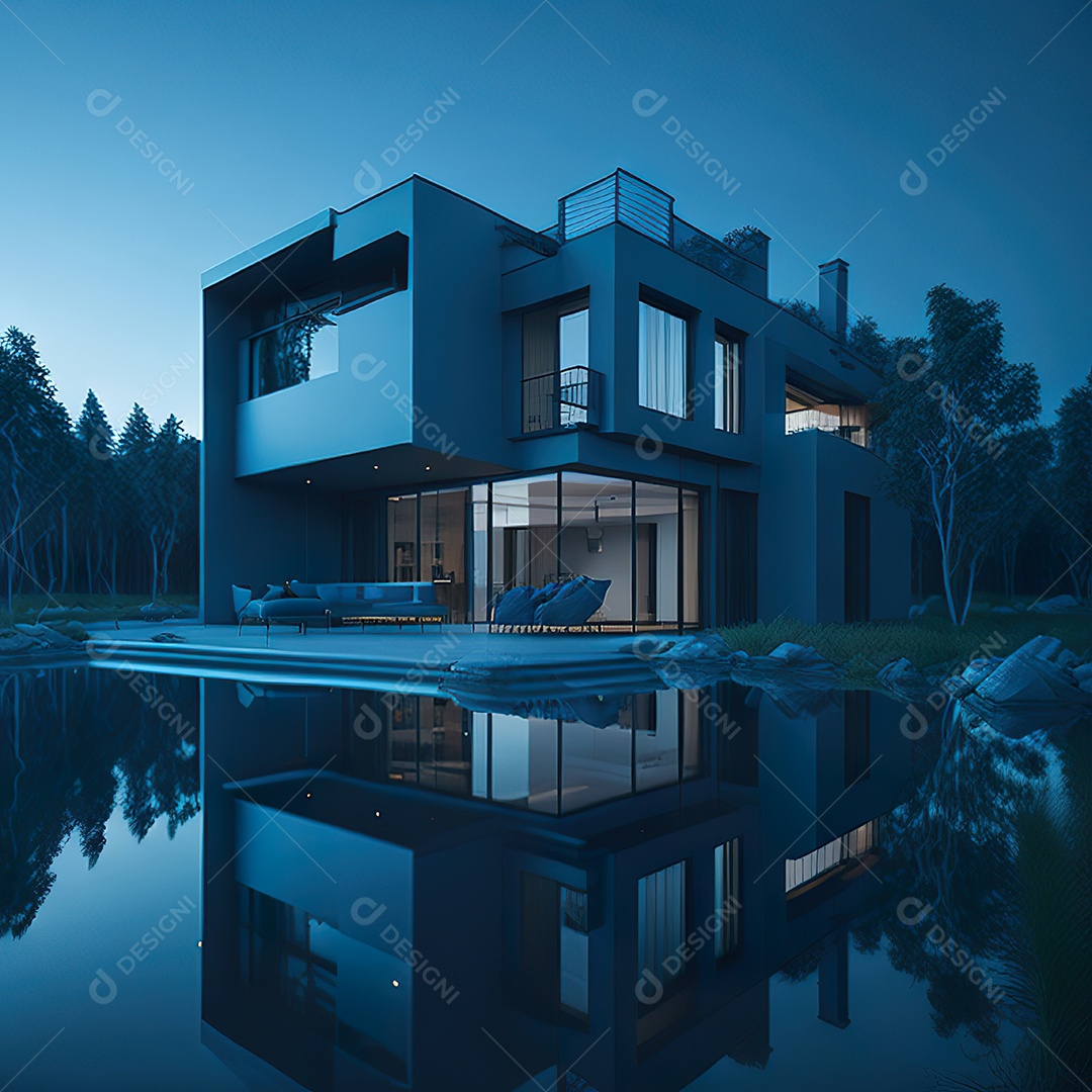 Casa azul com design moderno e minimalista