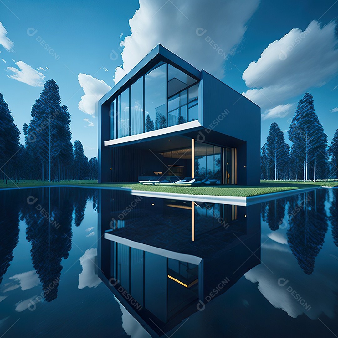 Casa azul com design moderno e minimalista