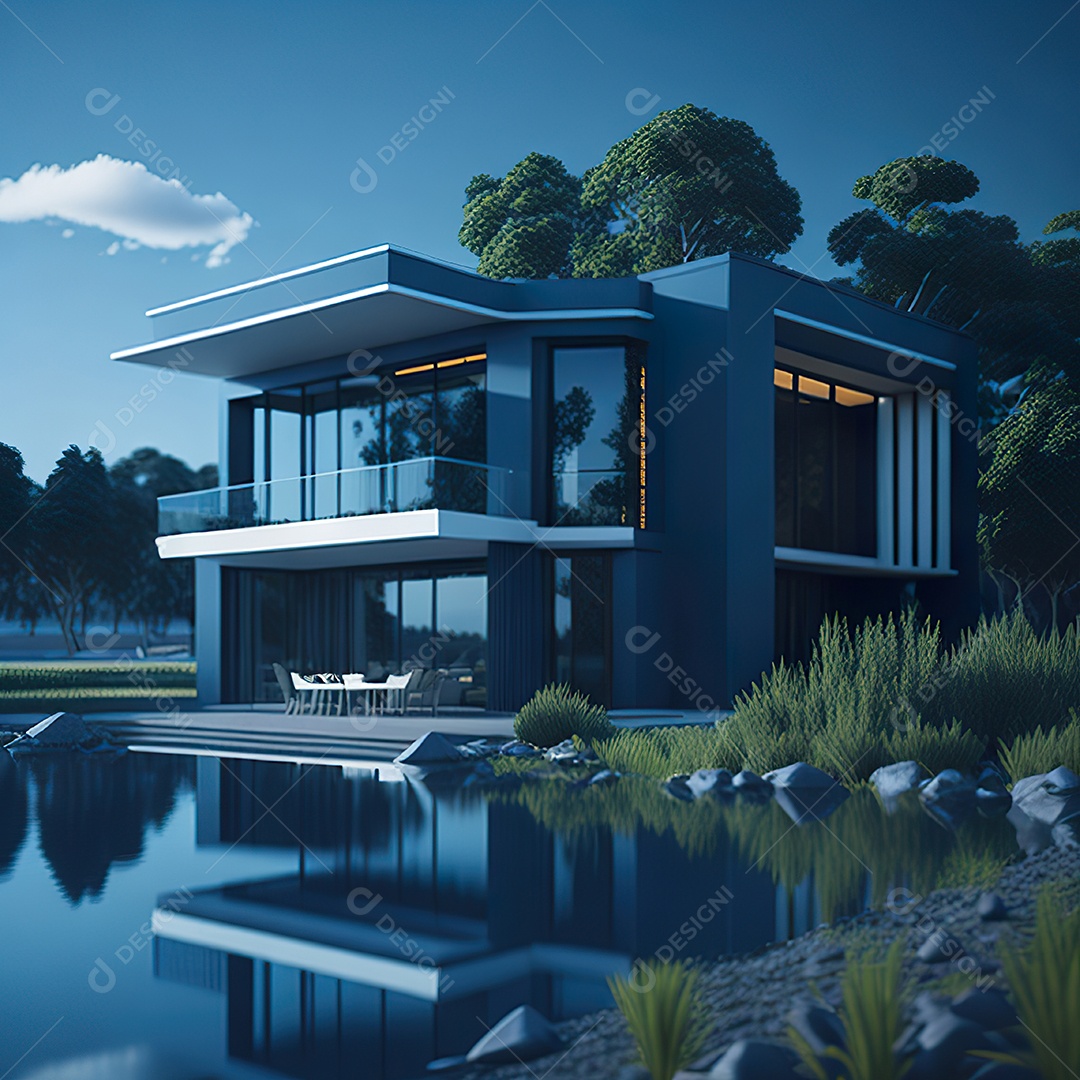 Casa azul com design moderno e minimalista