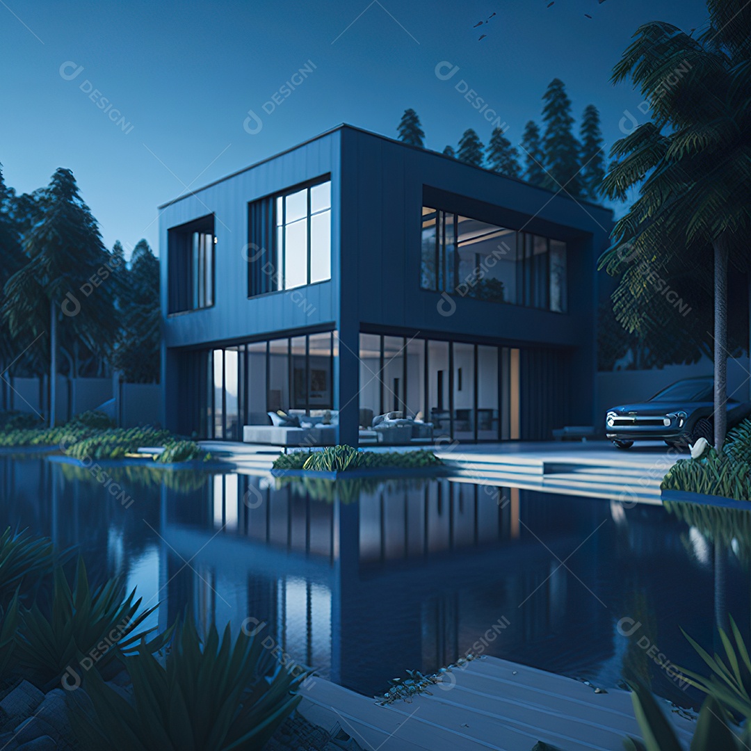 Casa azul com design moderno e minimalista