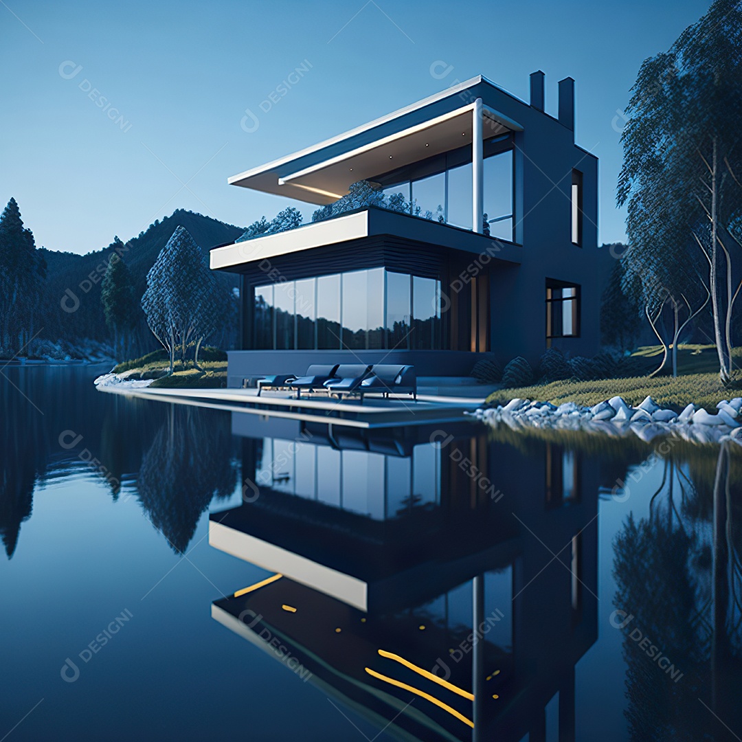 Casa azul com design moderno e minimalista