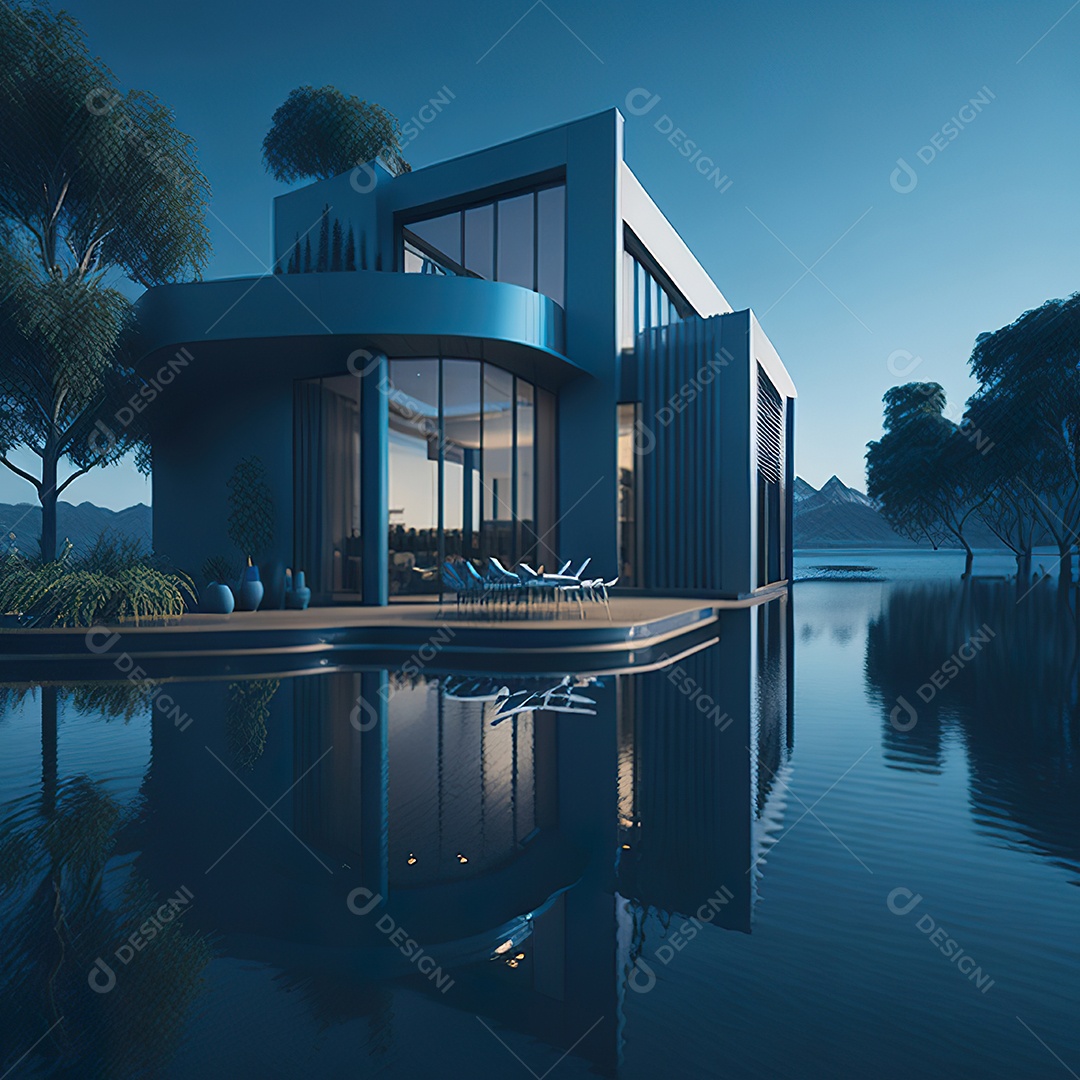 Casa azul com design moderno e minimalista