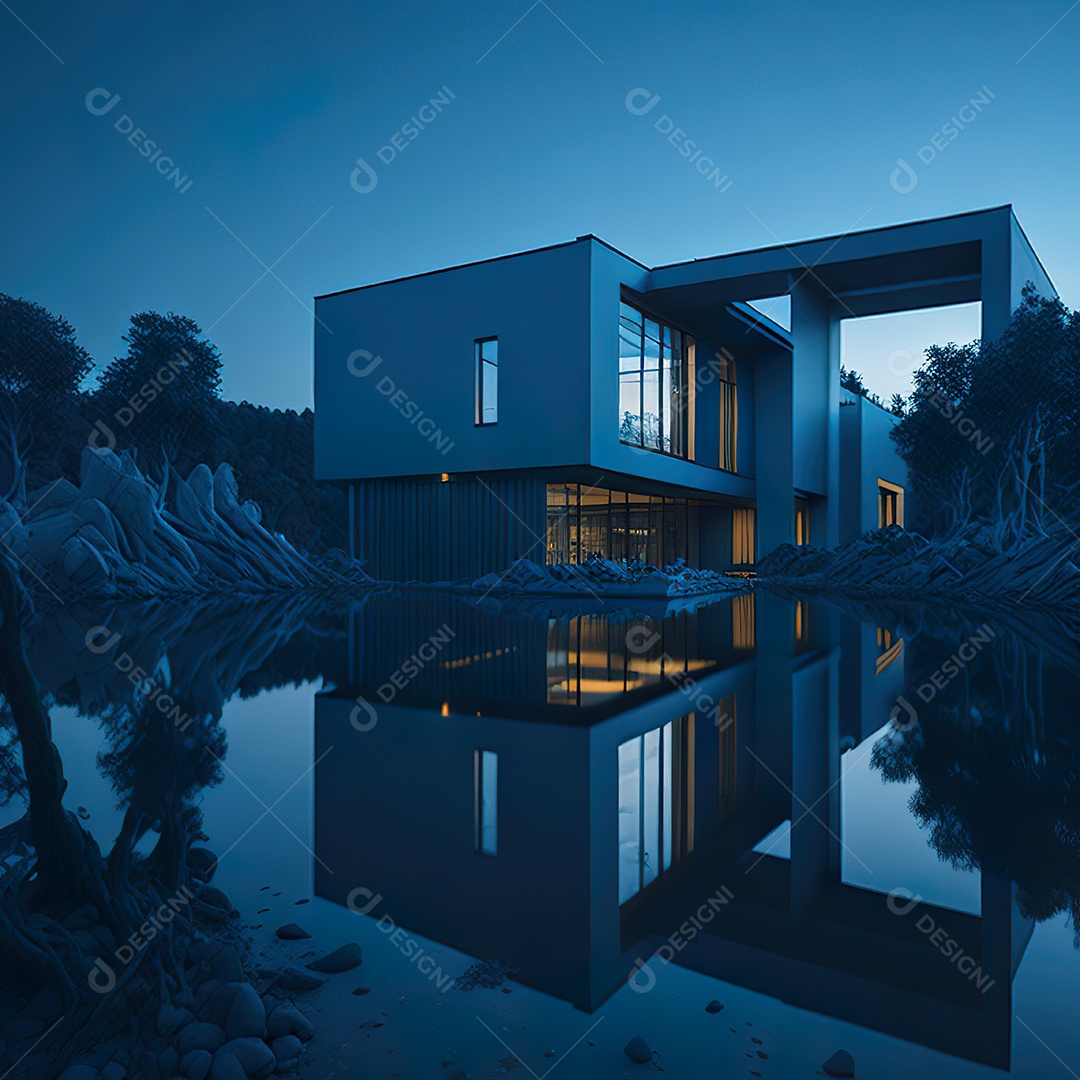 Casa azul com design moderno e minimalista