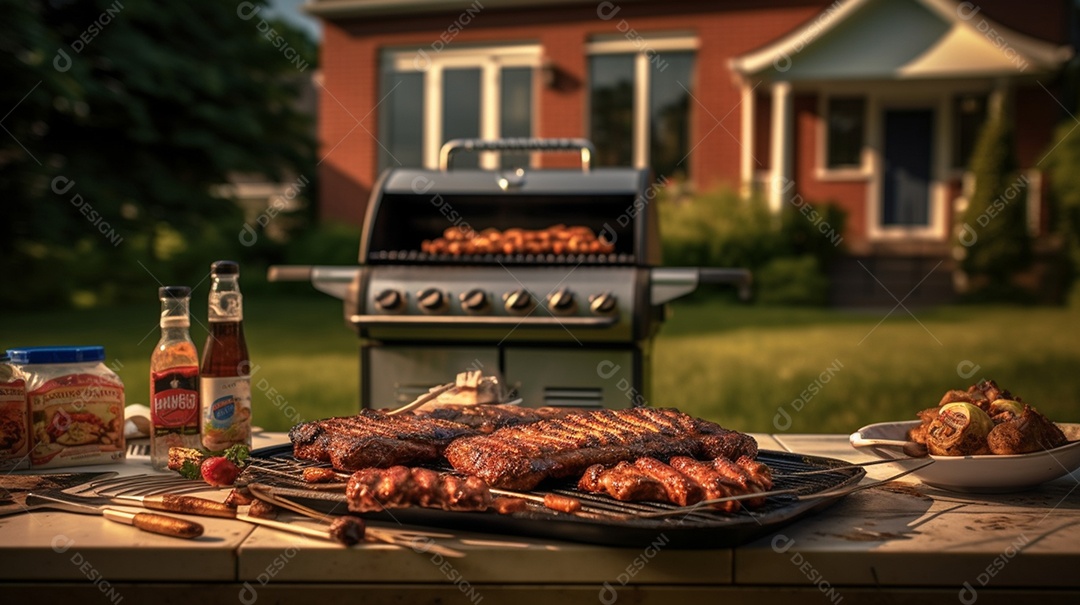 Delicioso churrasco sendo feito no quintal