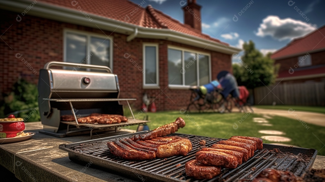 Delicioso churrasco sendo feito no quintal