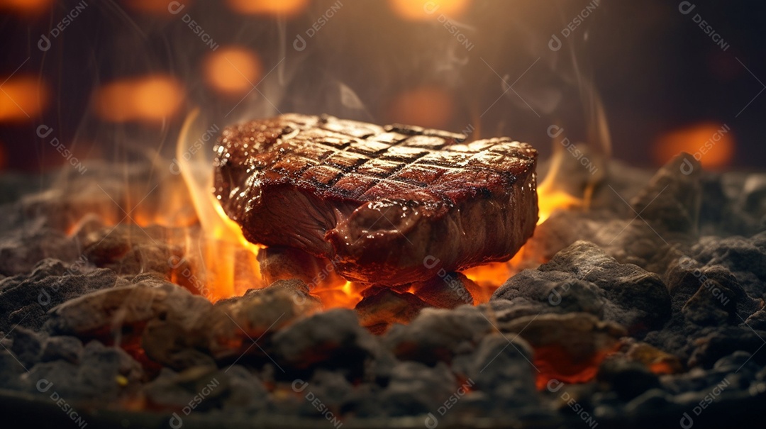 Bife sendo grelhado em churrasqueira