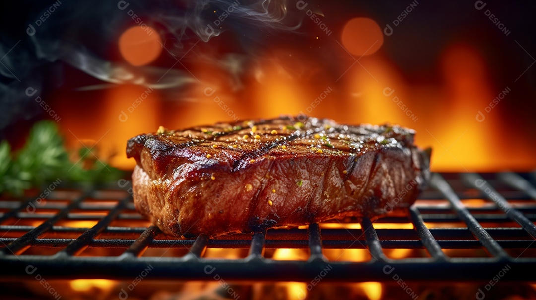 Bife sendo grelhado em churrasqueira