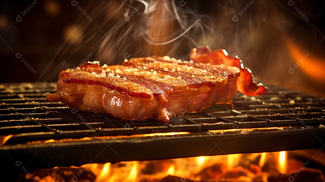 Bacon sendo grelhado na churrasqueira
