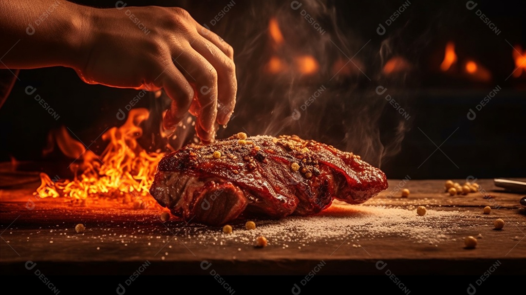 Homem temperando carne para churrasco