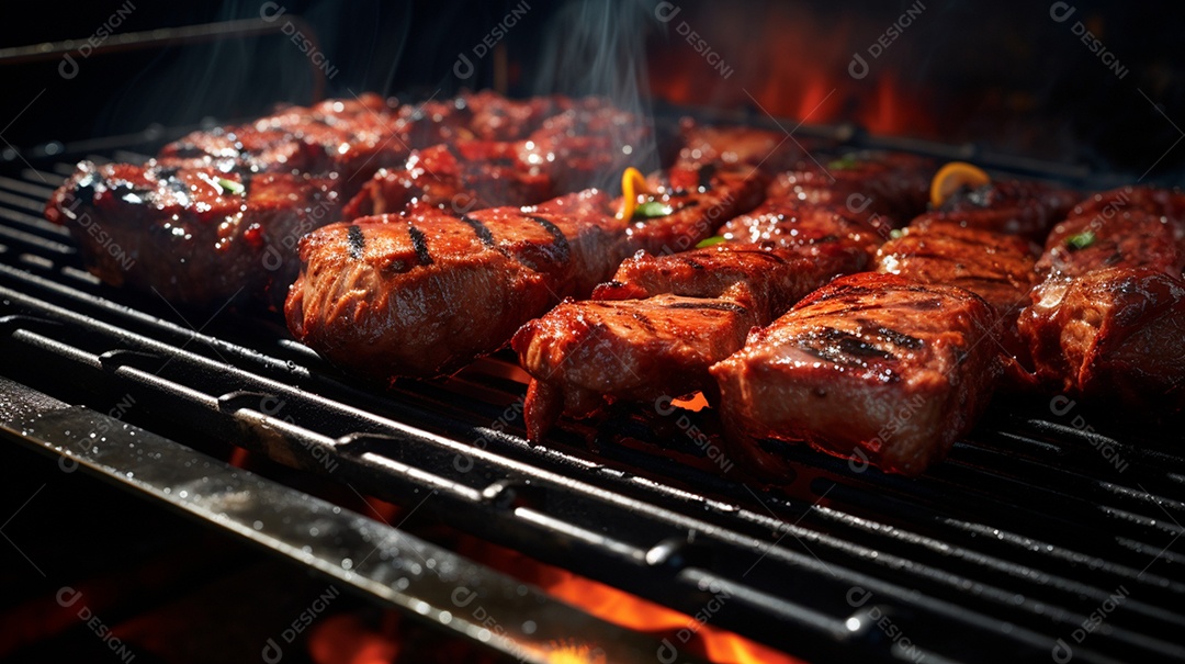 Bife sendo grelhada na churrasqueira