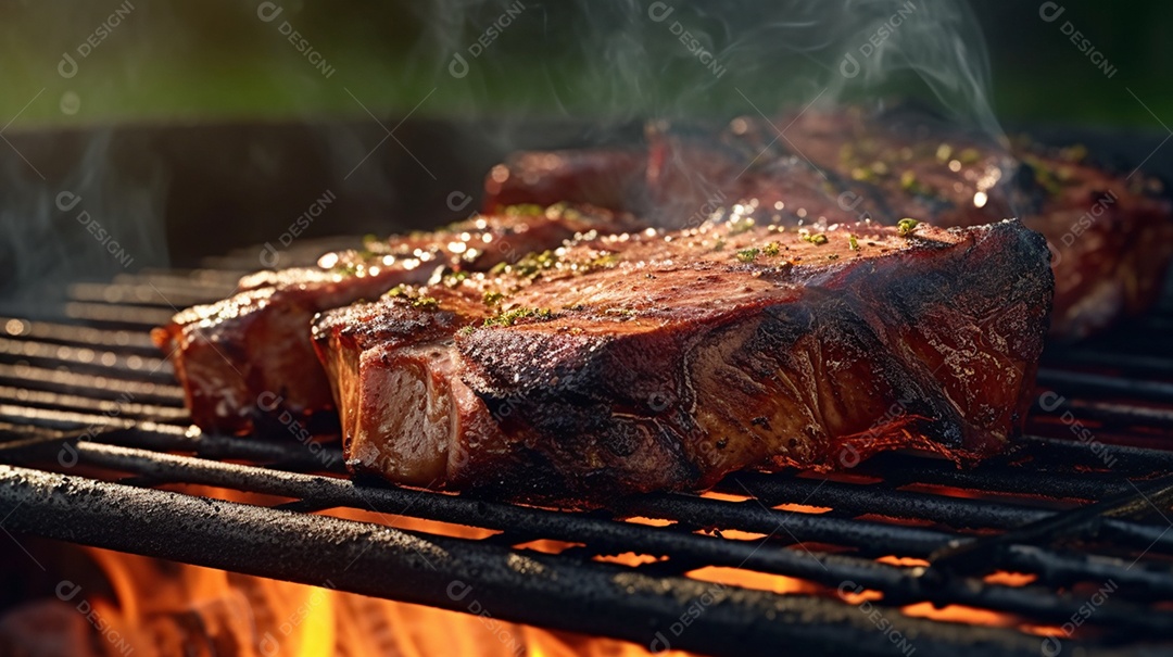 Bife sendo grelhada na churrasqueira