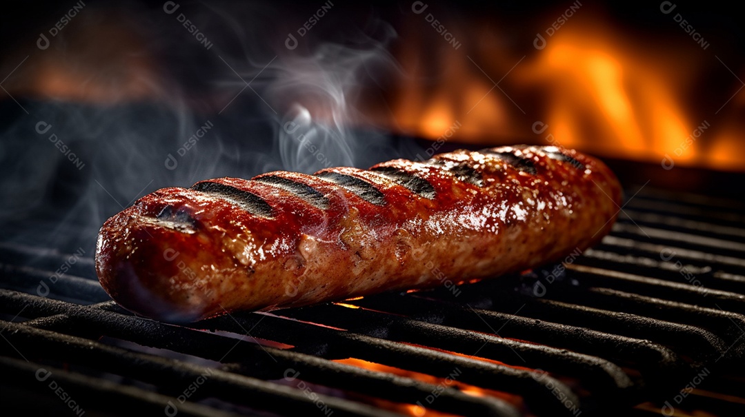 Linguiça sendo grelhada na churrasqueira