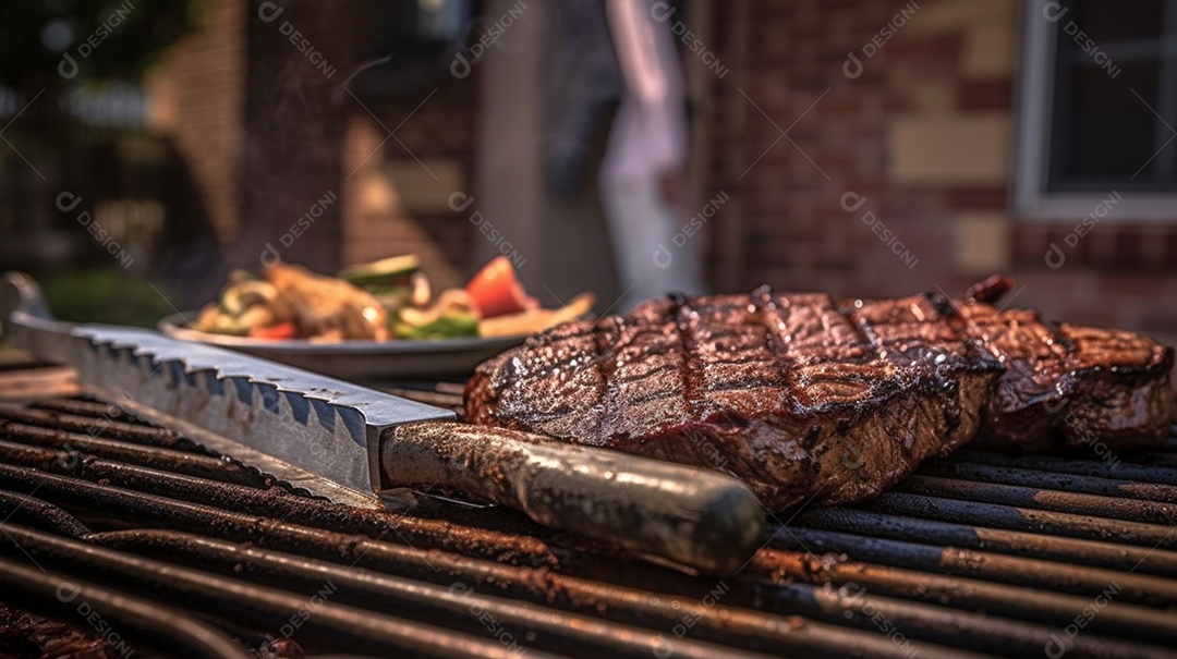 Bife sendo grelhada na churrasqueira