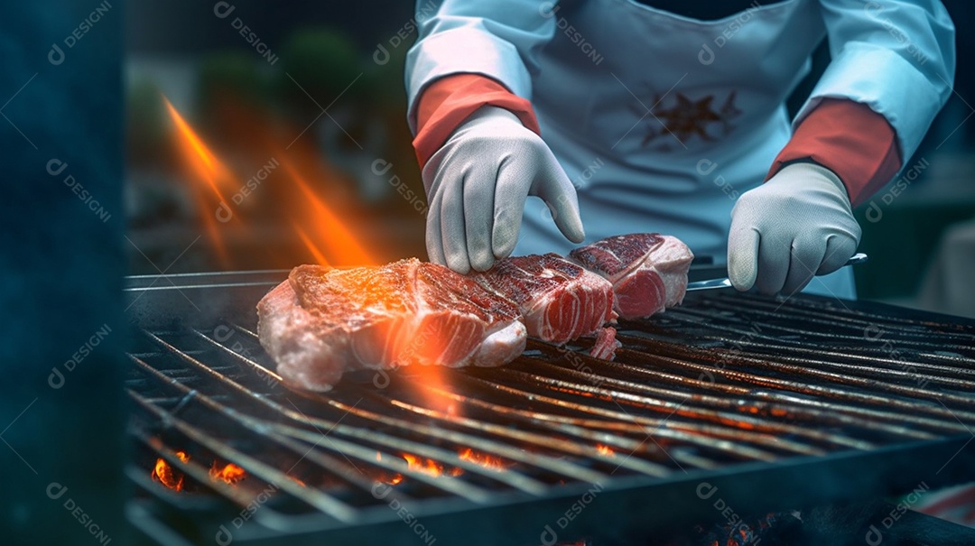 Churrasqueiro grelhando carne na churrasqueira