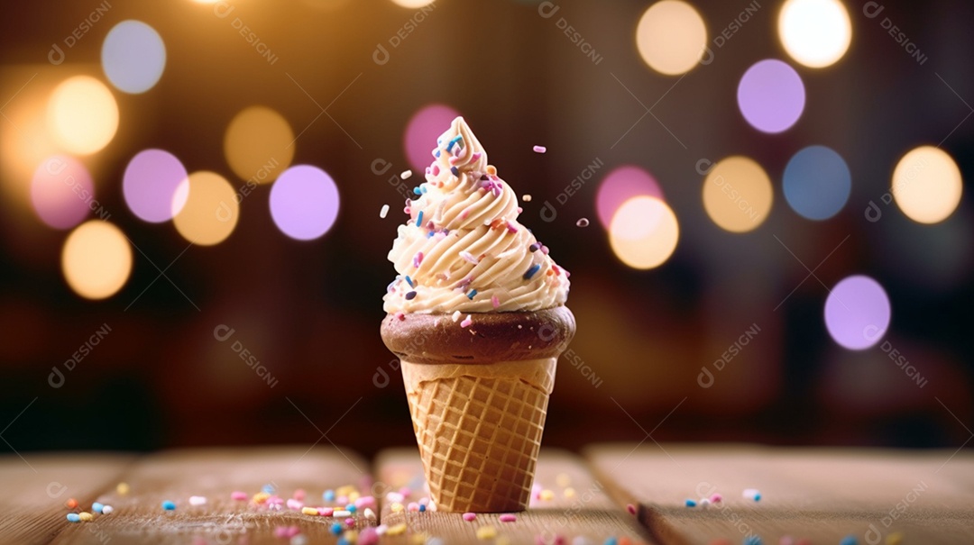 Deliciosa casquinha de sorvete com fundo desfocado