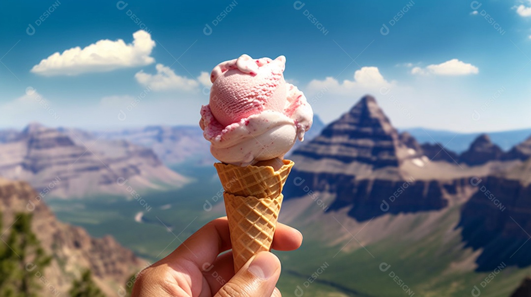 Deliciosa casquinha de sorvete com fundo de montanhas