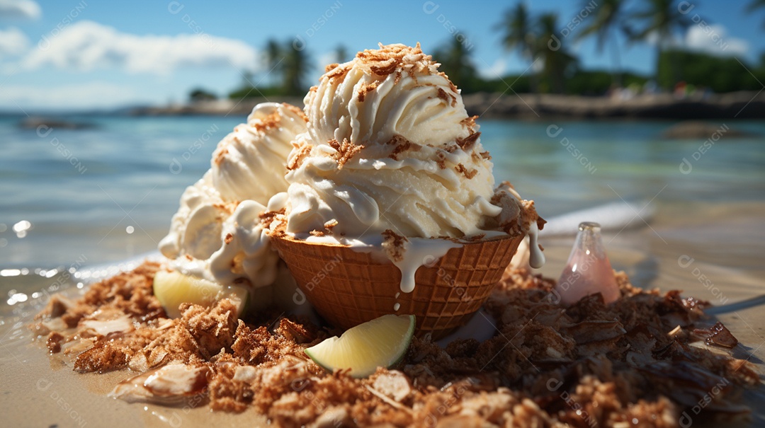 Delicioso sorvete de coco fundo de praia