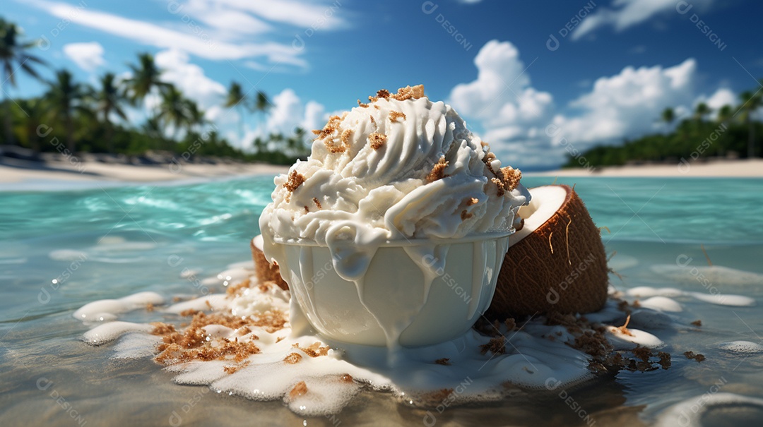 Delicioso sorvete de coco fundo de praia