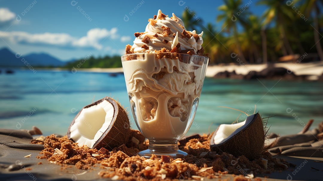 Delicioso sorvete de coco fundo de praia