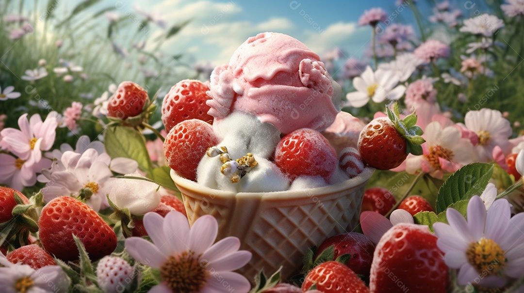 Delicioso sorvete de morango com frutas frescas