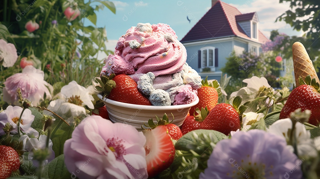 Delicioso sorvete de morango com frutas frescas