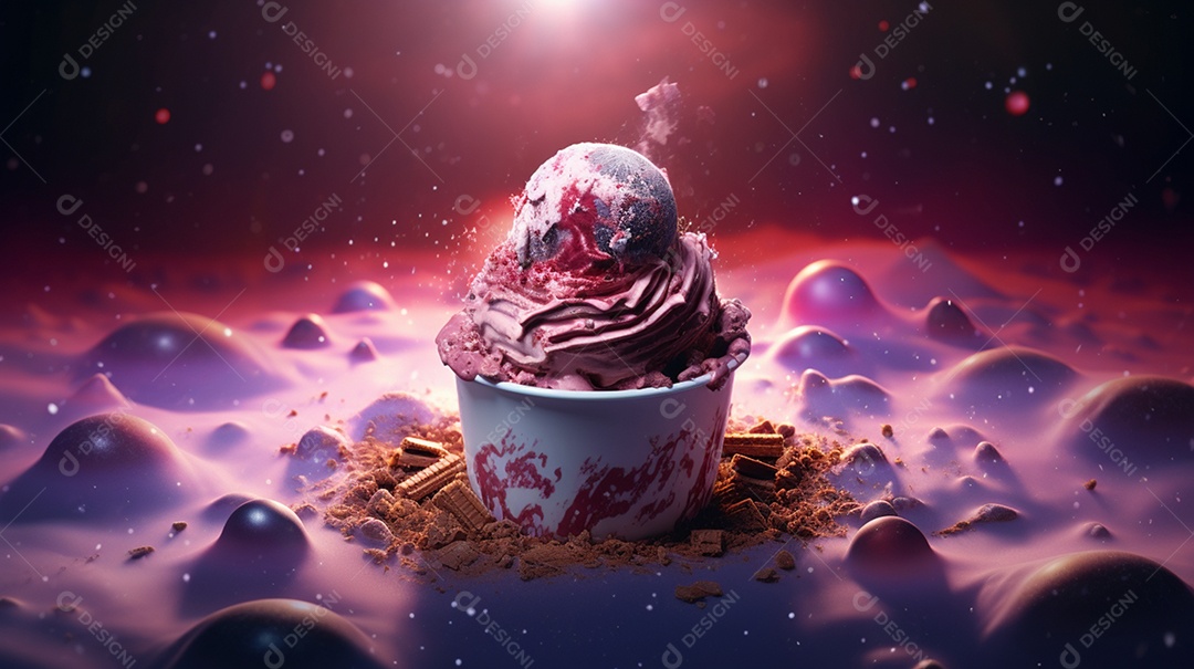 Delicioso sorvete de napolitano com fundo de galáxia