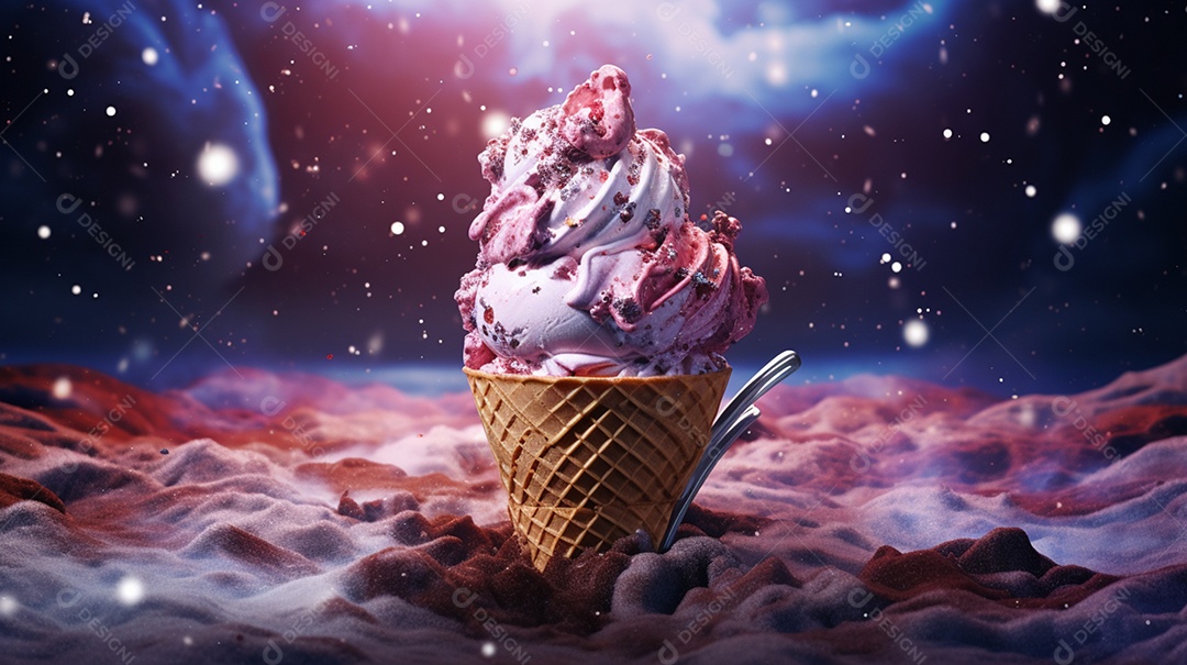 Deliciosa casquinha de sorvete de napolitano com fundo de galáxia