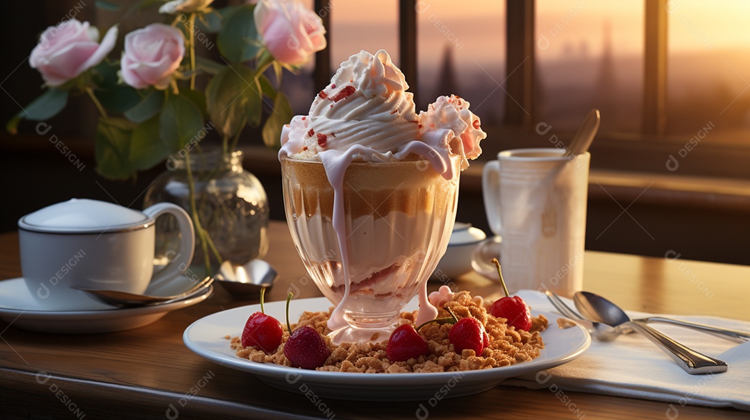 Taça com delicioso sorvete sobre a mesa