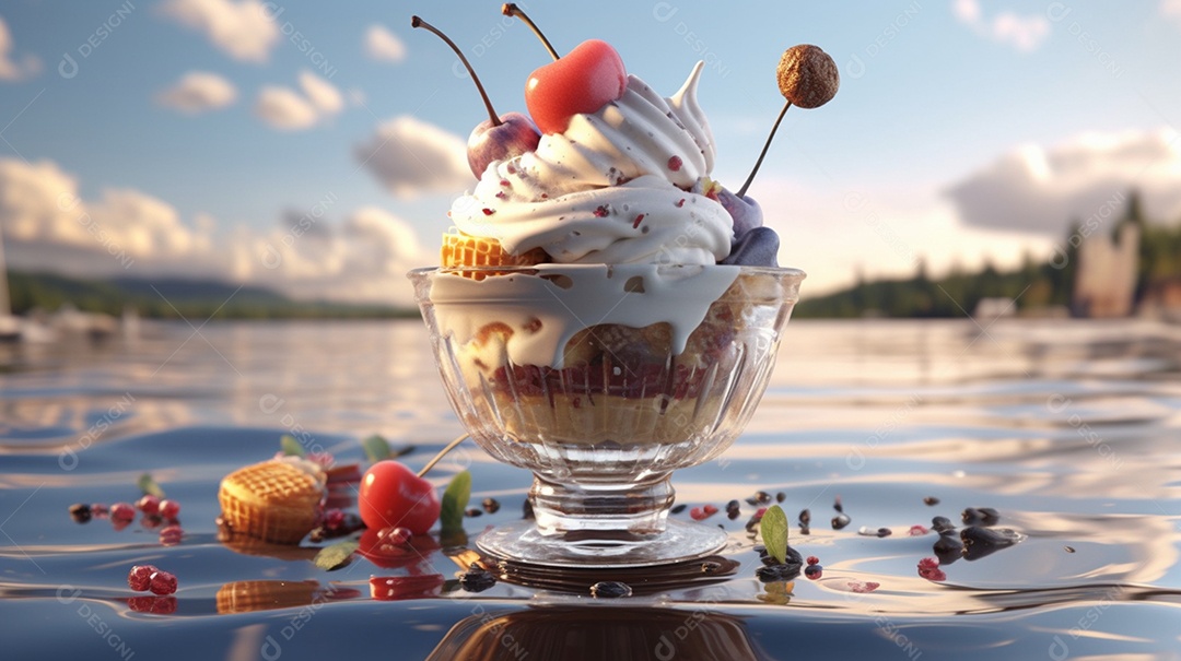 Taça com delicioso sorvete com cerejas frescas