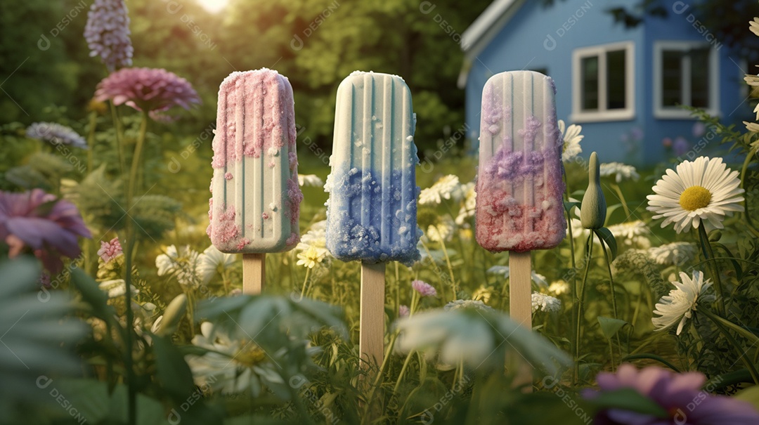 Deliciosos picolés no gramado com flores