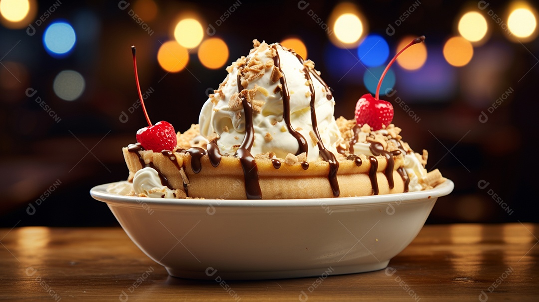 Deliciosa banana split sobre a mesa de madeira