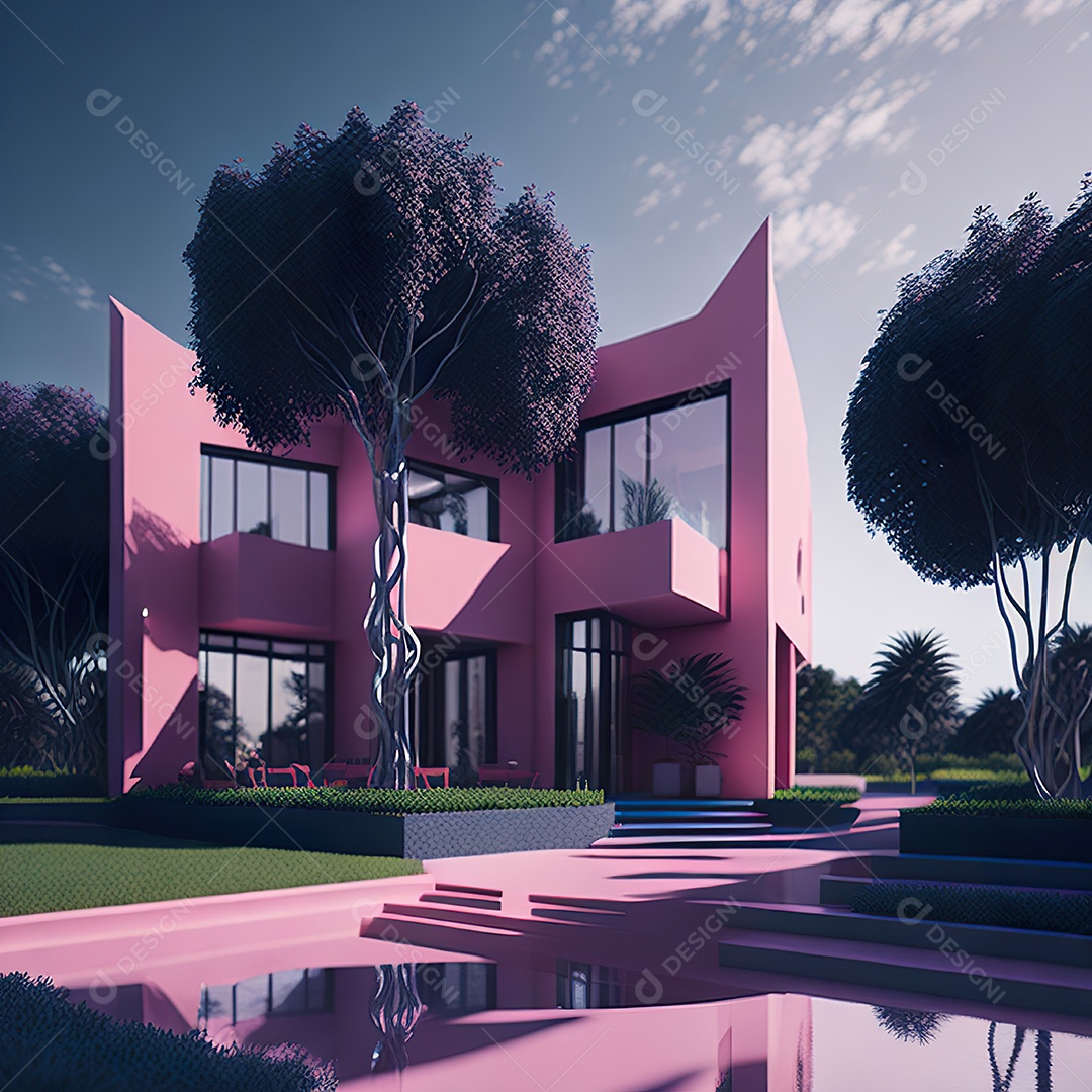 Casa rosa com design moderno e minimalista