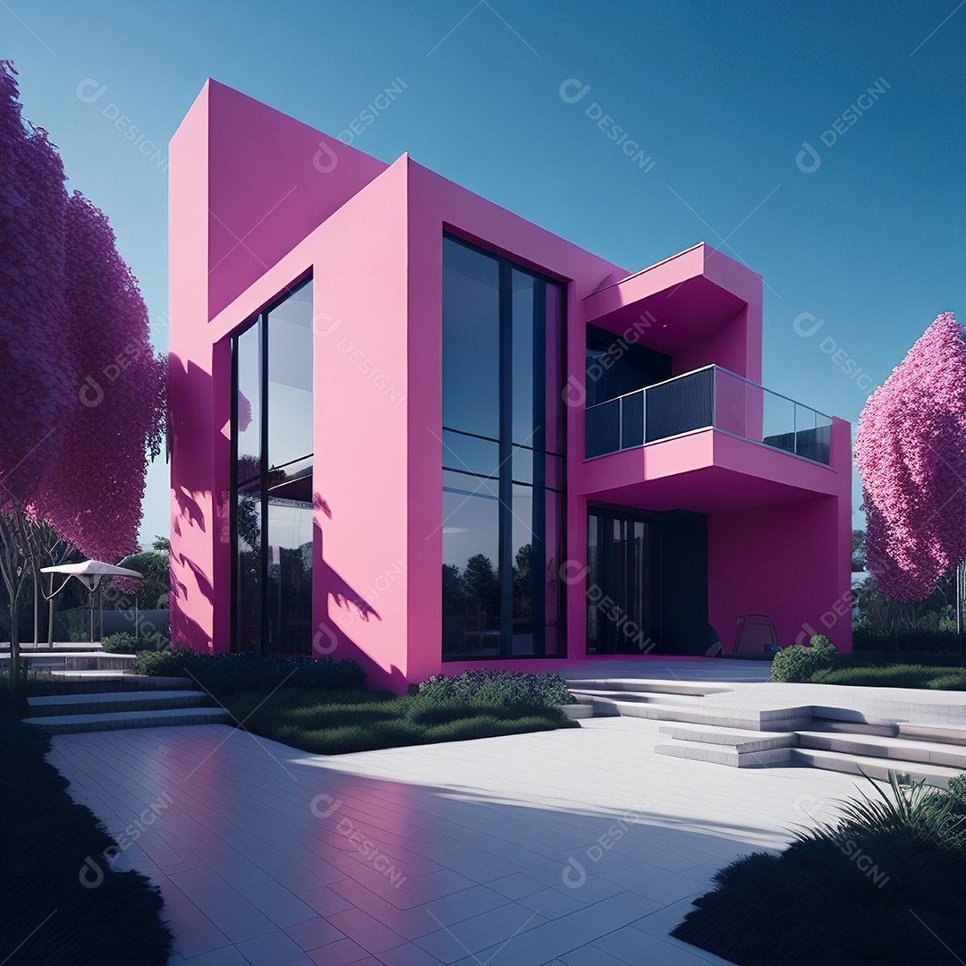 Casa rosa com design moderno e minimalista