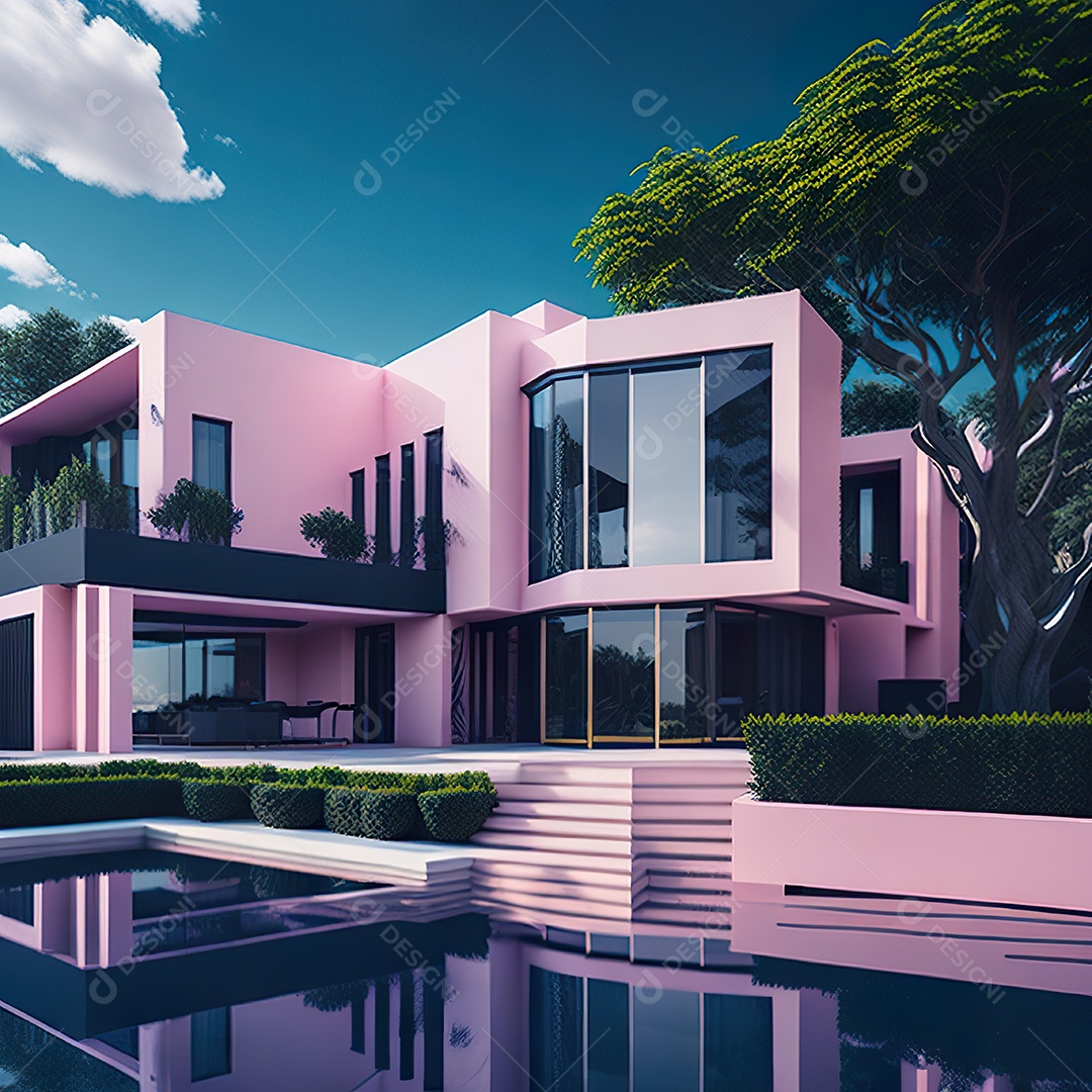Casa rosa com design moderno e minimalista