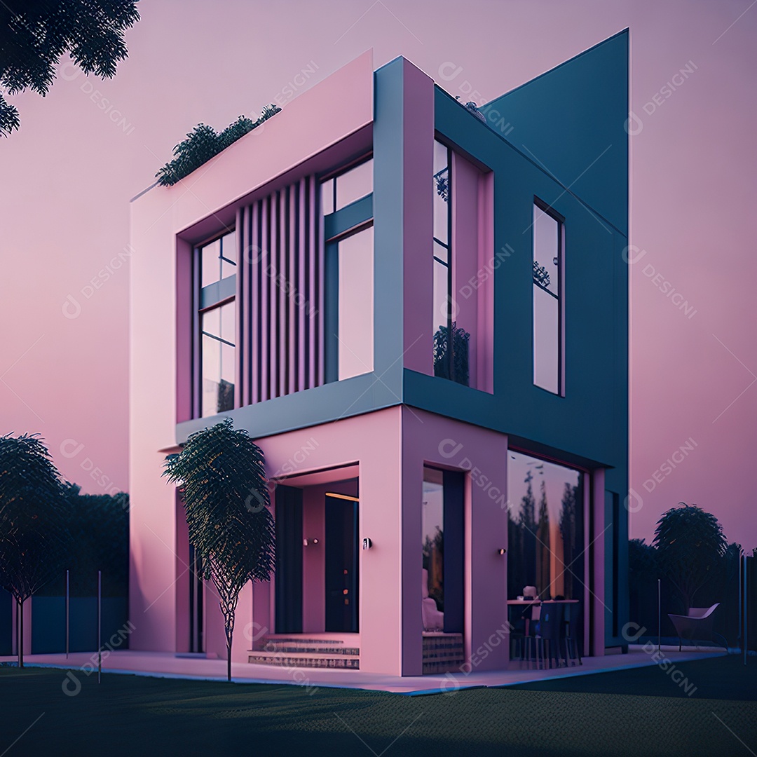 Casa rosa com design moderno e minimalista