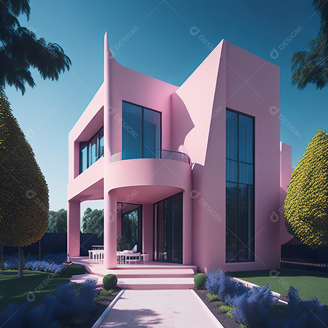 Casa rosa com design moderno e minimalist