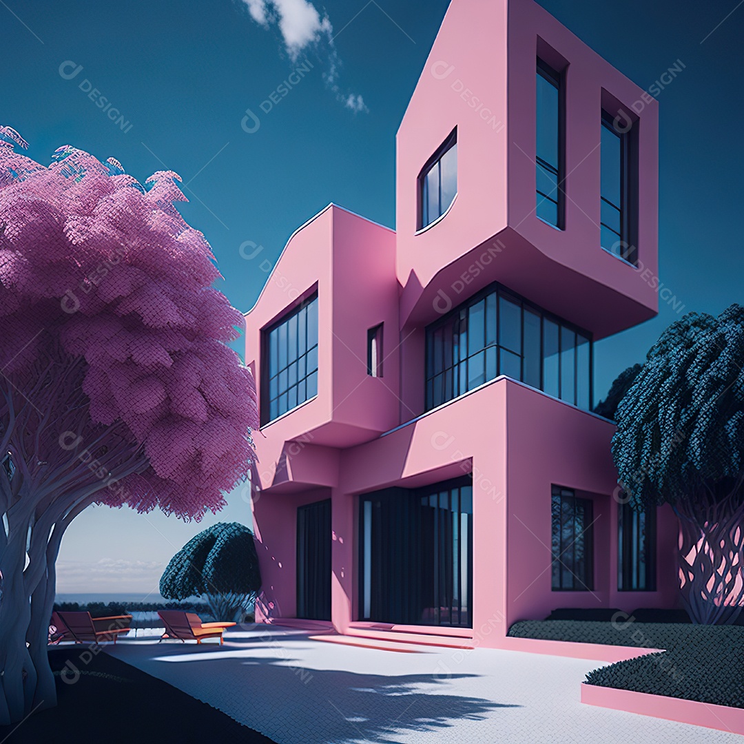 Casa rosa com design moderno e minimalista