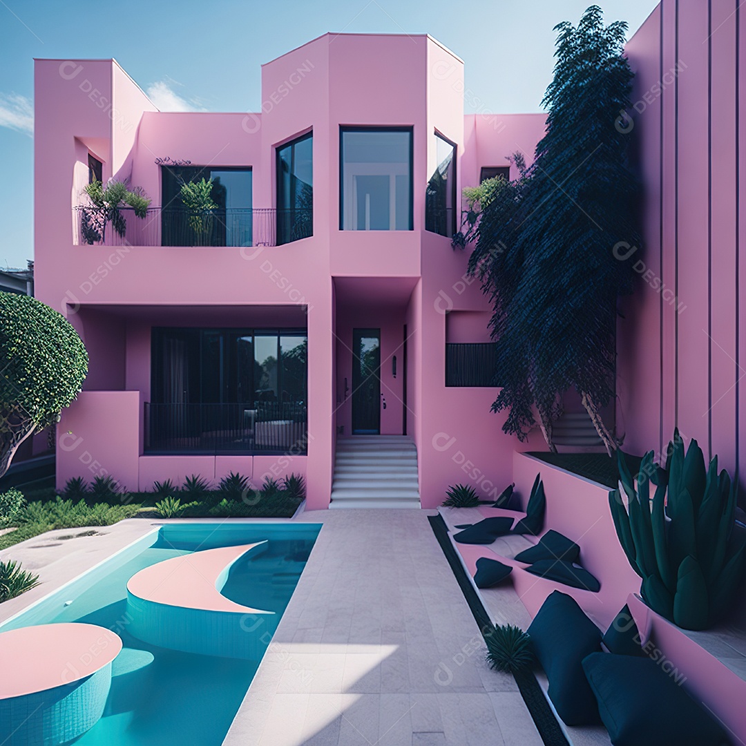 Casa rosa com design moderno e minimalista