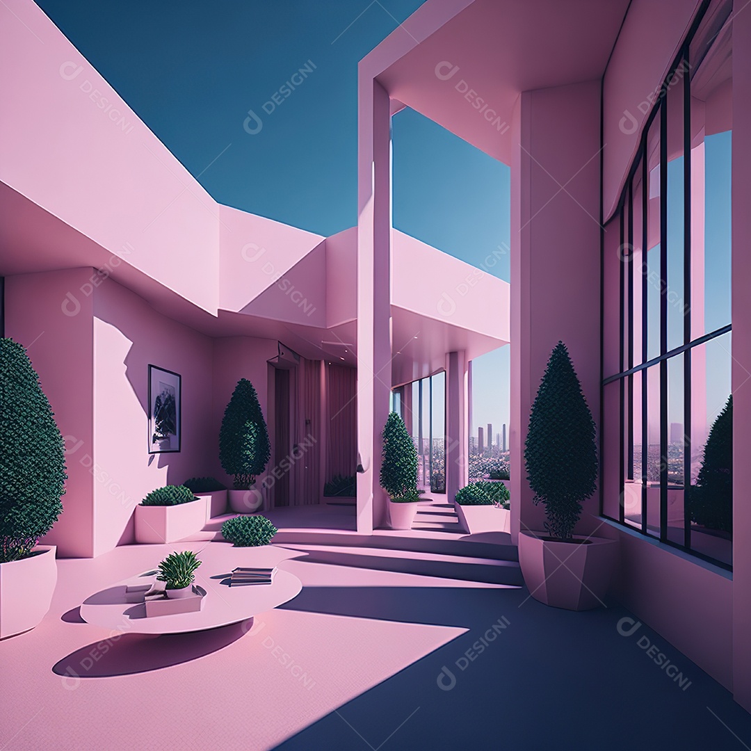 Casa rosa com design moderno e minimalista