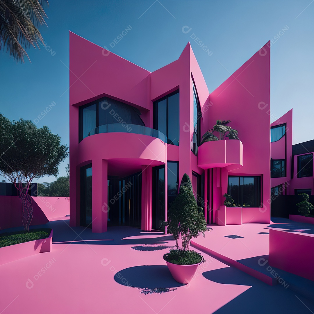 Casa rosa com design moderno e minimalista