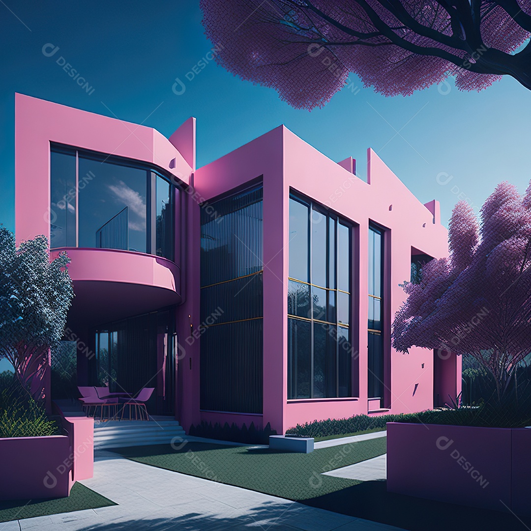 Casa rosa com design moderno e minimalista
