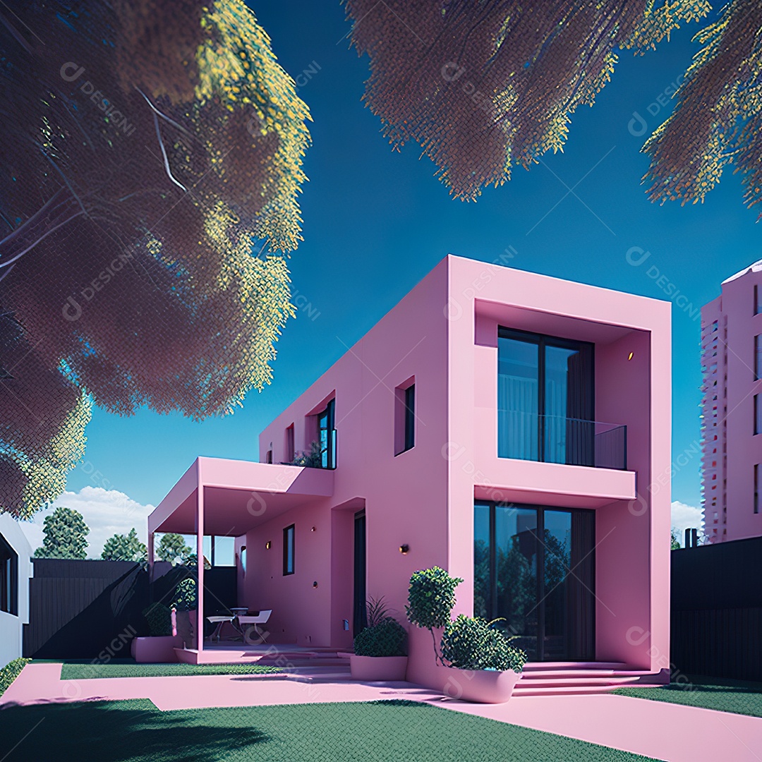 Casa rosa com design moderno e minimalista