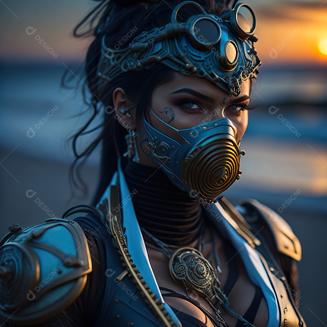 Realistic portrait of Woman wearing with Mohican respiratory mask